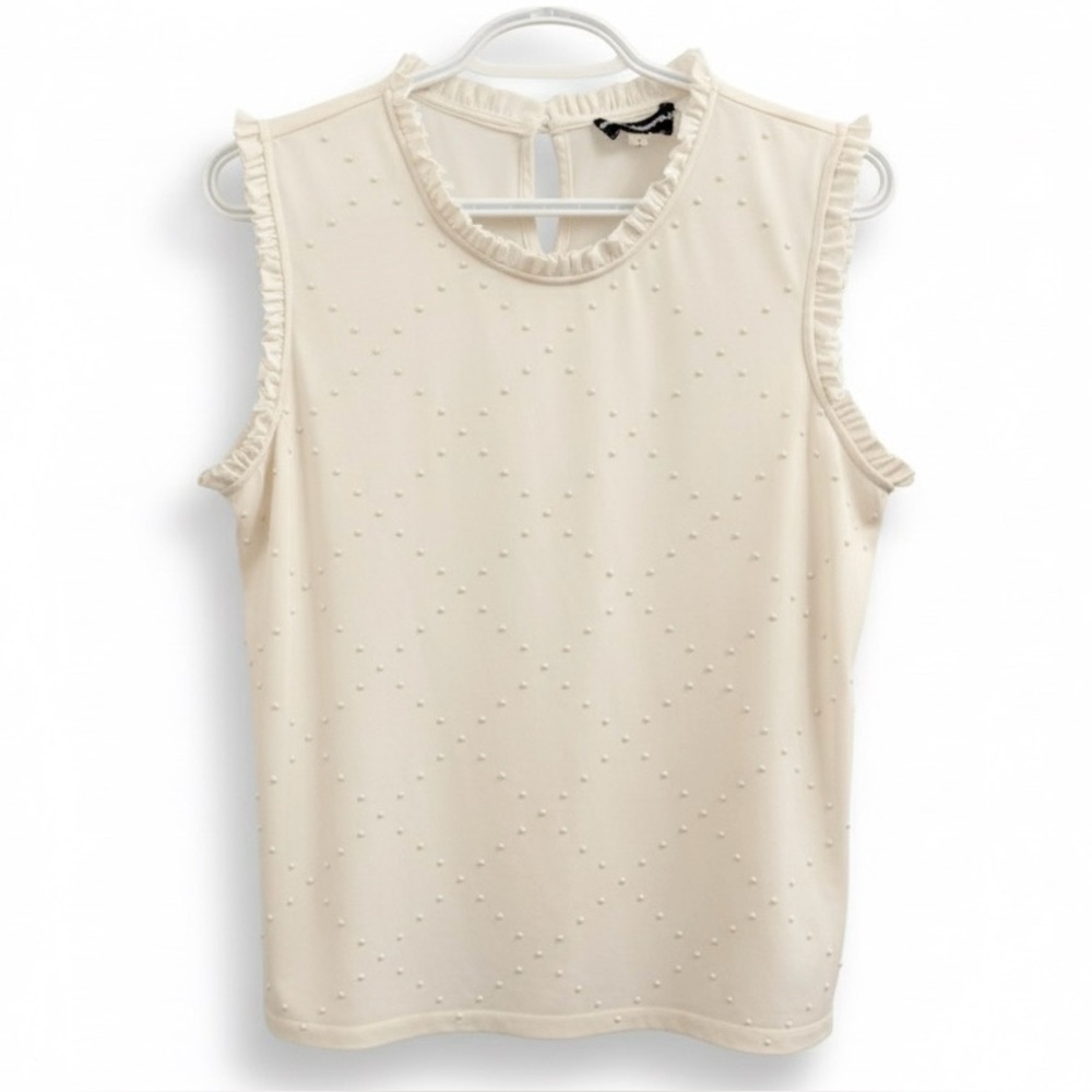 Karl Lagerfeld | Elegant Cream Sleeveless Ruffled Bead Embellished Blouse